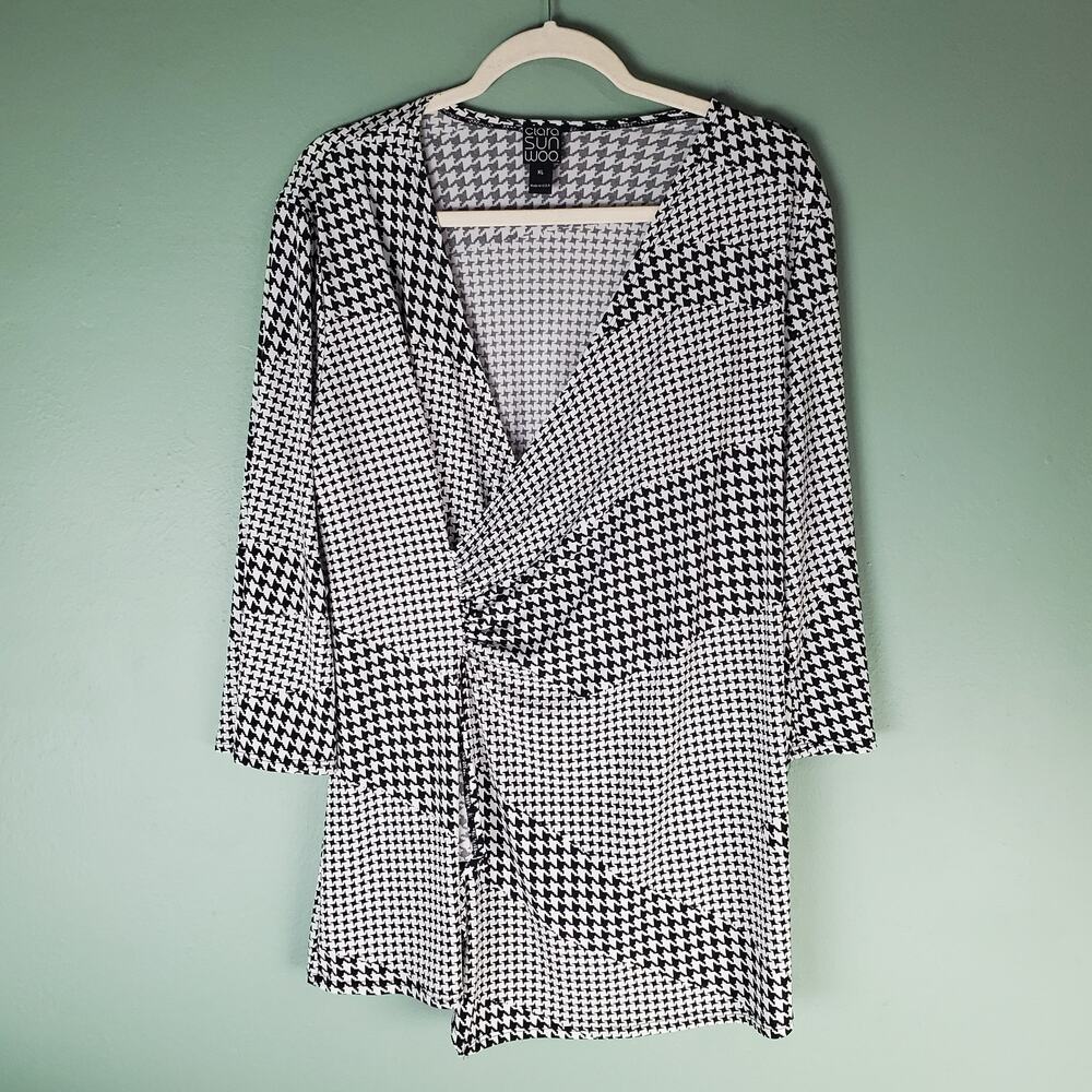 Clara Sun Woo Womens Black Houndstooth Print Side Gather Draped Top Size XL